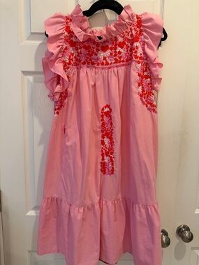 Mi Golondrina Pink Dress with Red Floral Embroidery